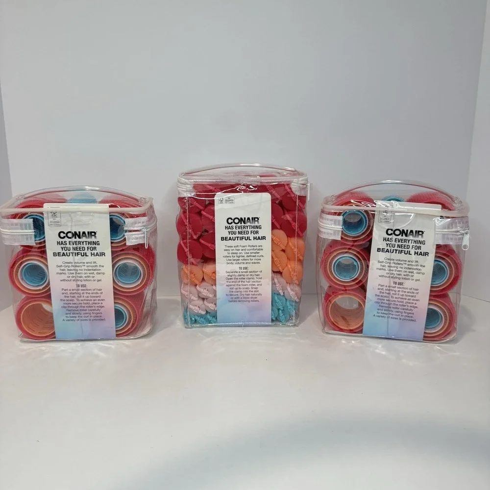 Lot 3 Conair Hair Rollers Voluminous Curls Soft Curls Assorted Sizes New w/ Bag
